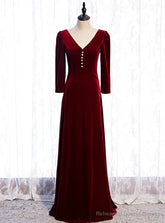 V-neck Long Sleeve Velvet Burgundy Prom Dress